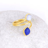 Lapis Lazuli Ring-Lapis Lazuli 7x7mm Cushion & Blue Lace Agate 6x6mm Round Sterling Silver Ring with 18K Gold Plating-Blue Lace Agate Ring